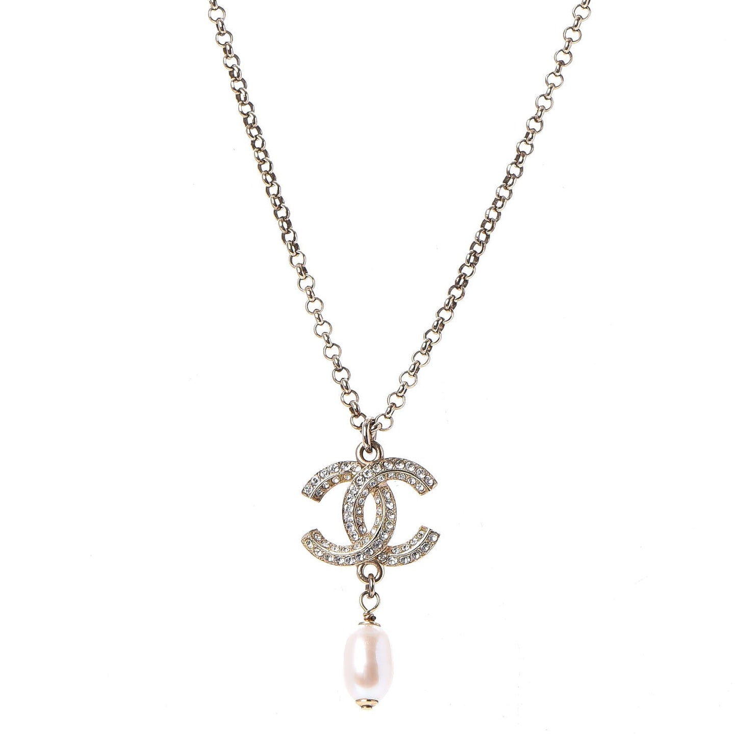 Pearl Crystal CC Drop Necklace Gold