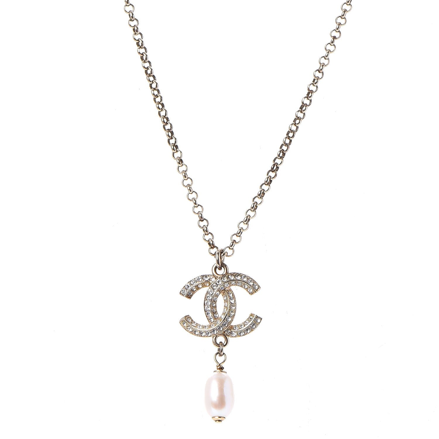 Chanel Pearl Crystal CC Drop Necklace Gold 1 of 7