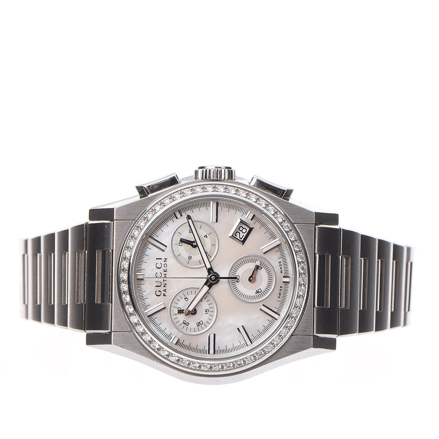 Stainless Steel Diamond Bezel Mother of Pearl 34mm Pantheon Chronograph Quartz Watch
