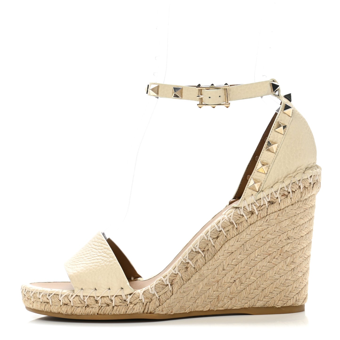 Grained Calfskin Rockstud Ankle Strap Espadrille Wedge Sandals 38 Light Ivory