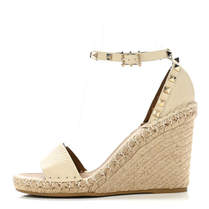 Valentino Garavani Grained Calfskin Rockstud Ankle Strap Espadrille Wedge Sandals 38 Light Ivory 1 of 8
