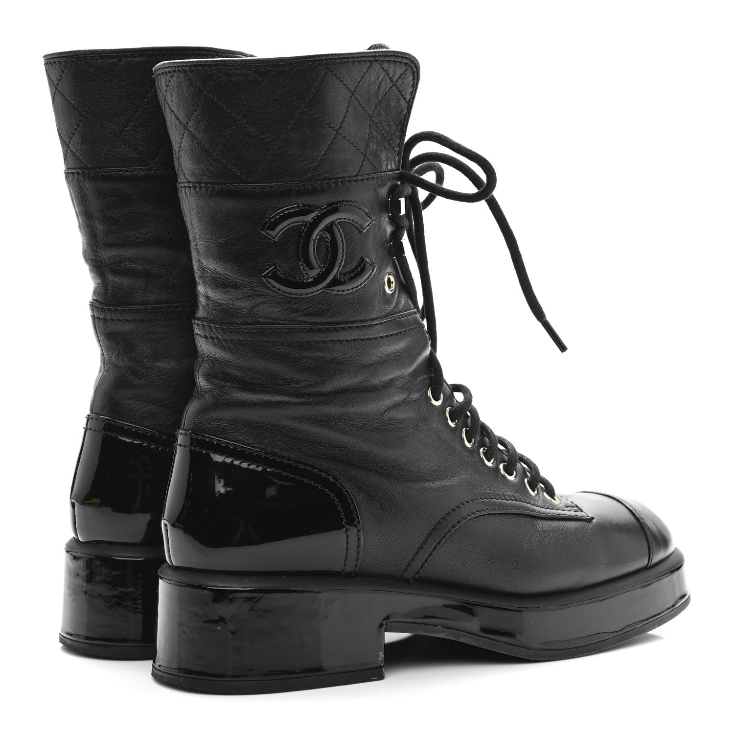 Chanel Lambskin Patent Calfskin Quilted CC Lace Up Combat Boots 37 Black 5 of 9