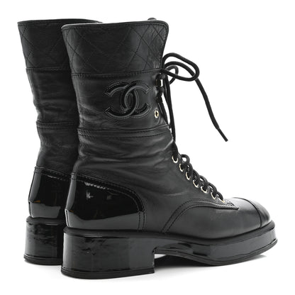 Chanel Lambskin Patent Calfskin Quilted CC Lace Up Combat Boots 37 Black 5 of 9