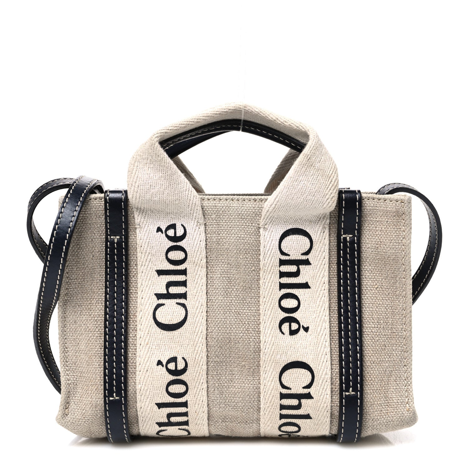 Chloe Linen Calfskin Mini Woody Ribbon Tote White Navy 1 of 10