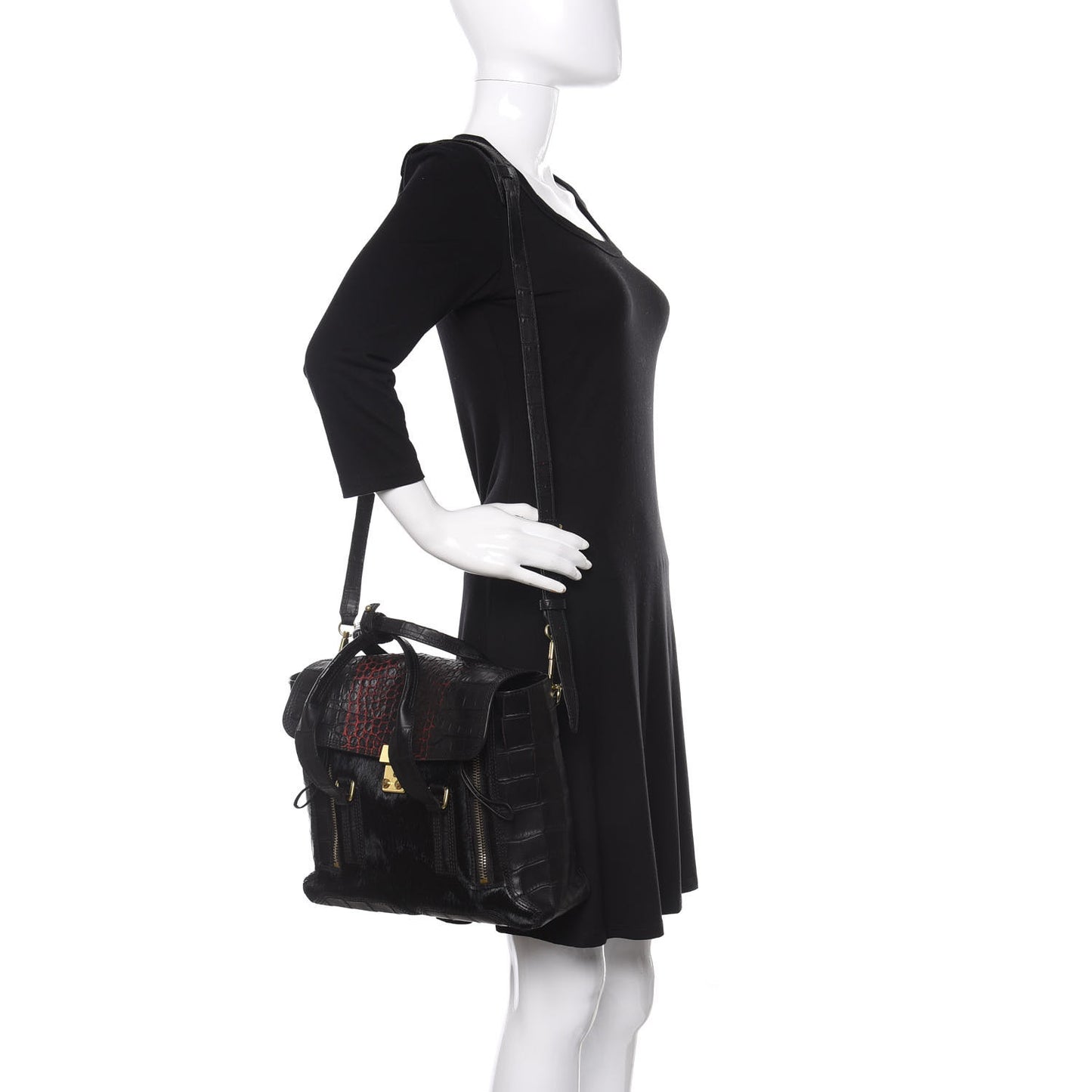 3.1 Calf Hair Calfskin Crocodile Embossed Medium Pashli Satchel Antique Red Black