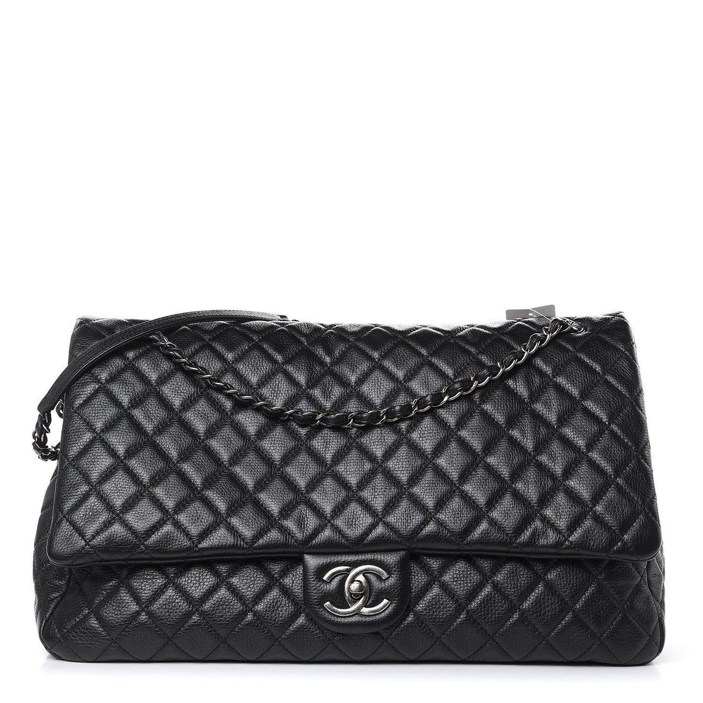 Calfskin Quilted XXL Travel Flap Bag Black