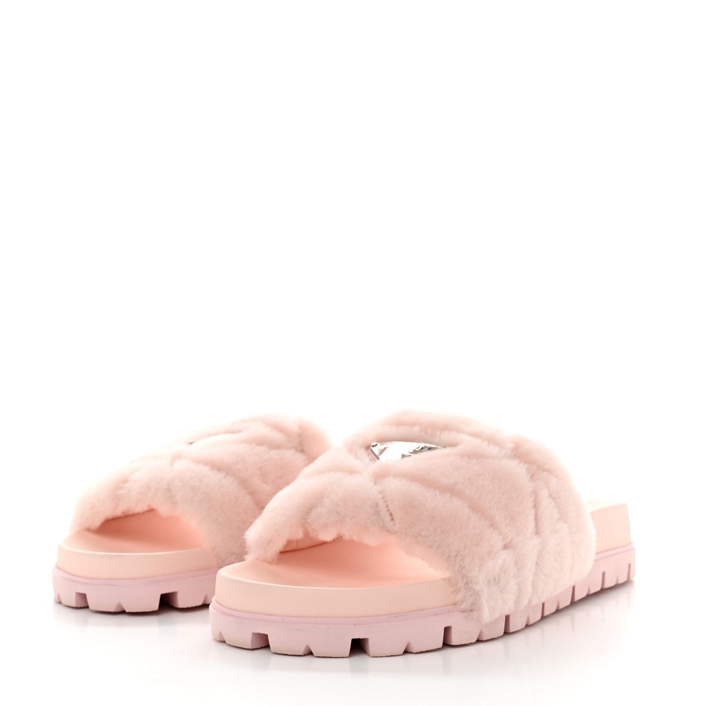 Shearling Metal Triangle Logo Lug Sole 20mm Slide Sandals 41 Orchidea