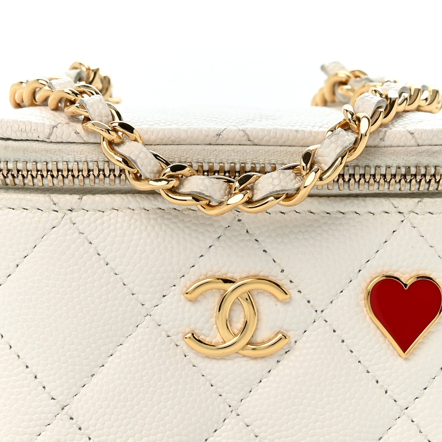 Caviar Quilted Enamel Coco Casino Mini Vanity Case With Chain White
