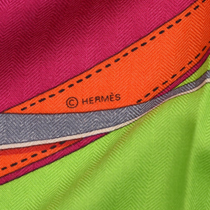 Hermes Cashmere Silk La Promenade Du Matin Shawl 140 Bleu Azur Vert Fluo Fuchsia 5 of 7