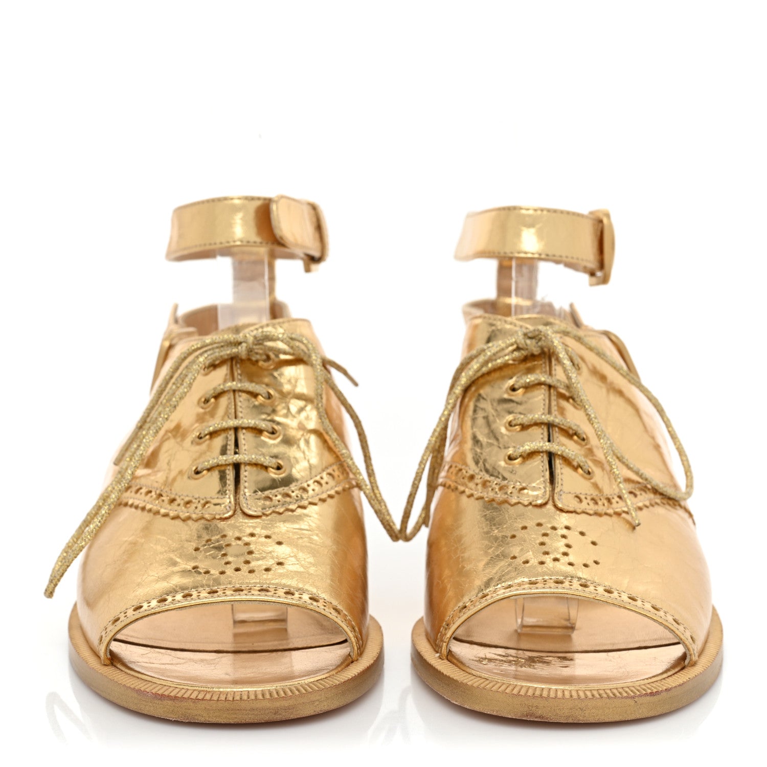 Chanel Metallic Calfskin CC Brogue Lace Up Ankle Strap Oxford Peep Toe Sandals 37 Gold 2 of 12