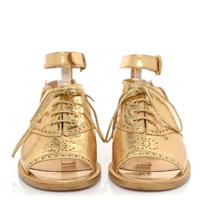 Chanel Metallic Calfskin CC Brogue Lace Up Ankle Strap Oxford Peep Toe Sandals 37 Gold 2 of 12