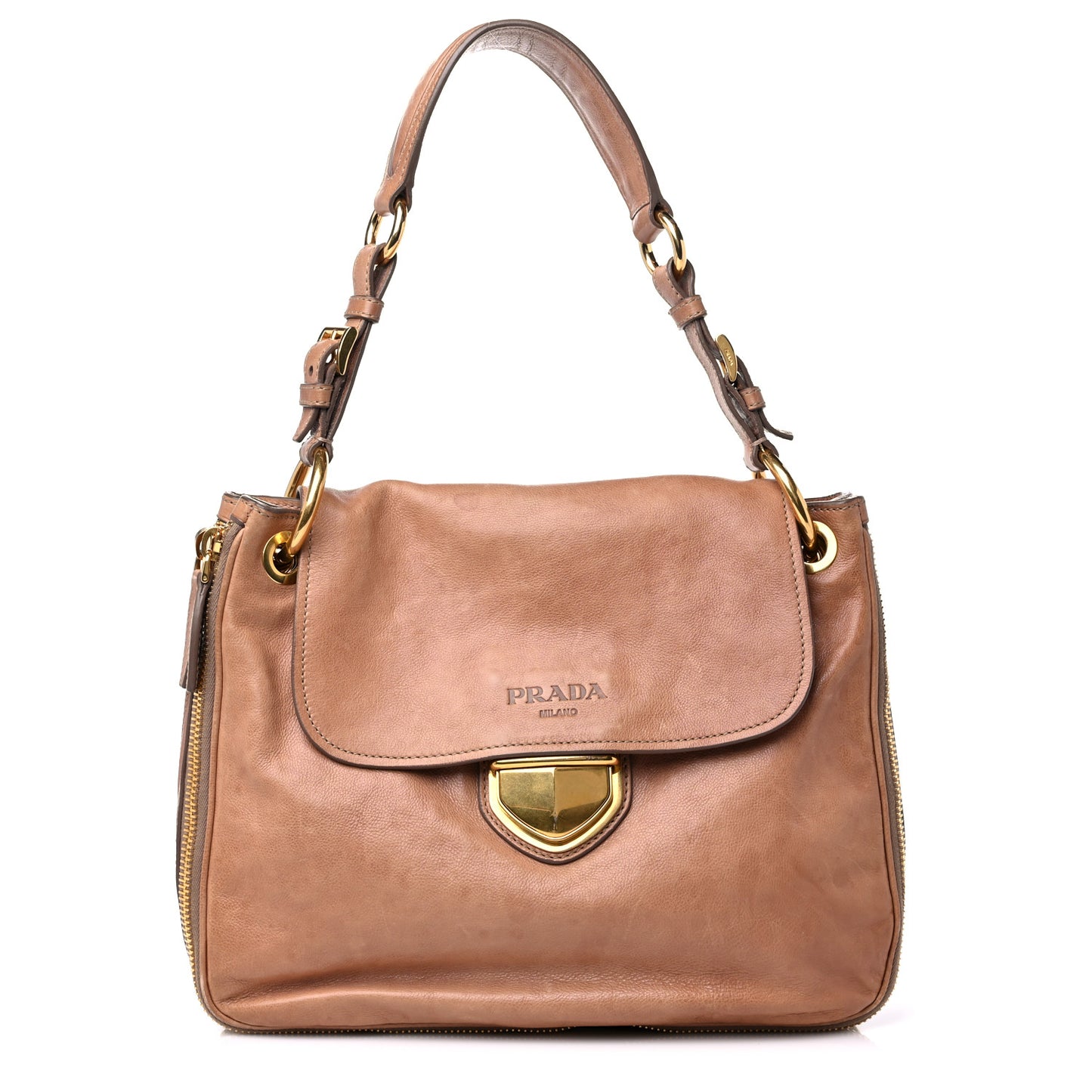 Glace Calf Zippers Shoulder Bag Naturale