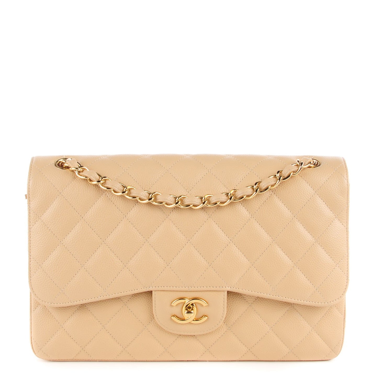 Caviar Quilted Jumbo Double Flap Beige Clair
