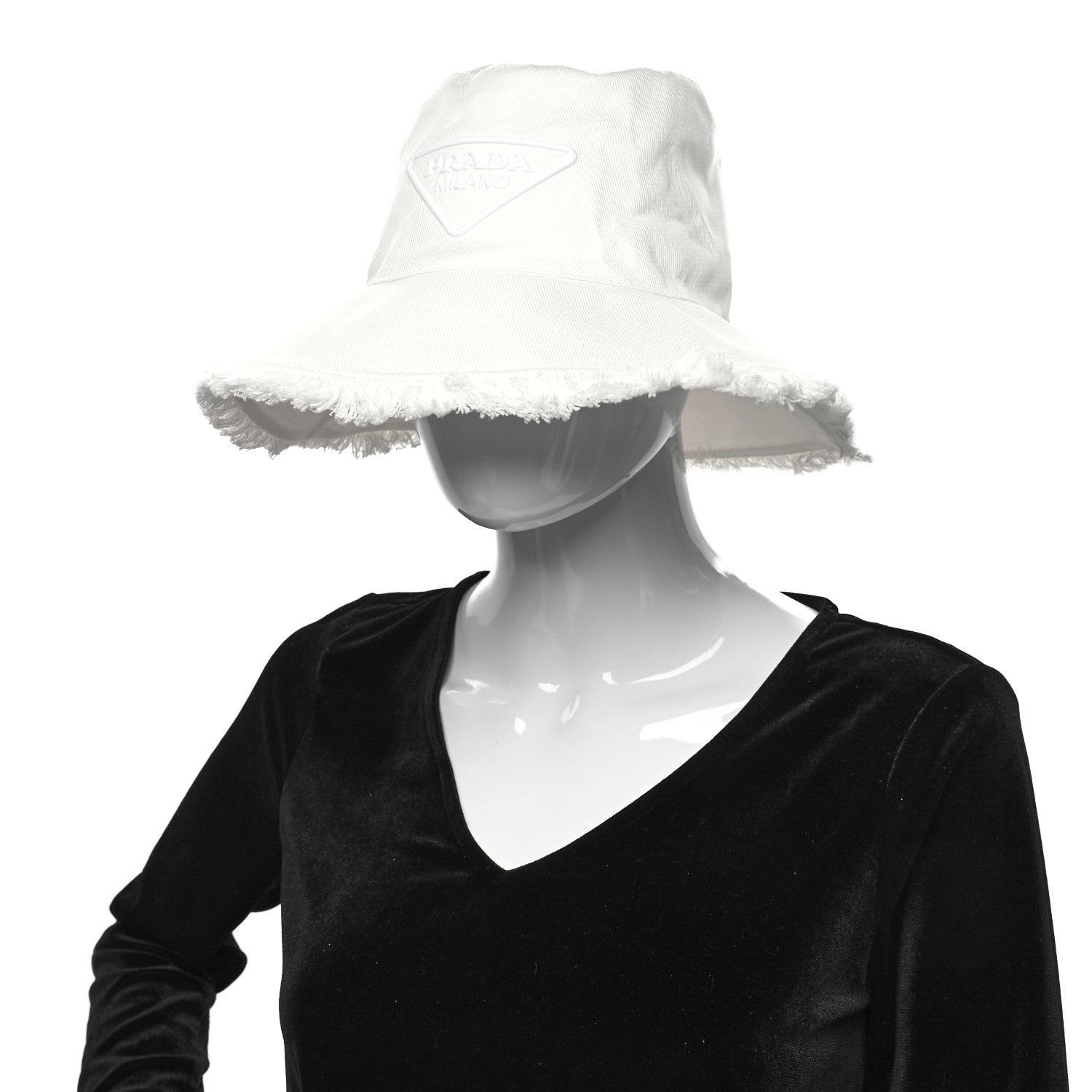 Prada Drill Nylon Triangle Logo Embroidered Womens Wide Brim Hat M White 2 of 8