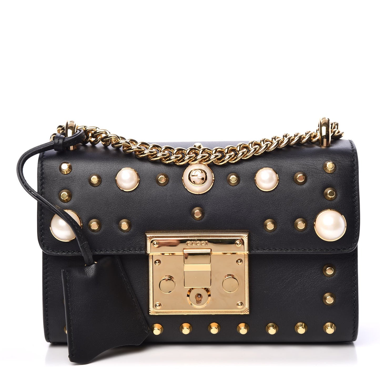 Calfskin Studded Small Padlock Shoulder Bag Black