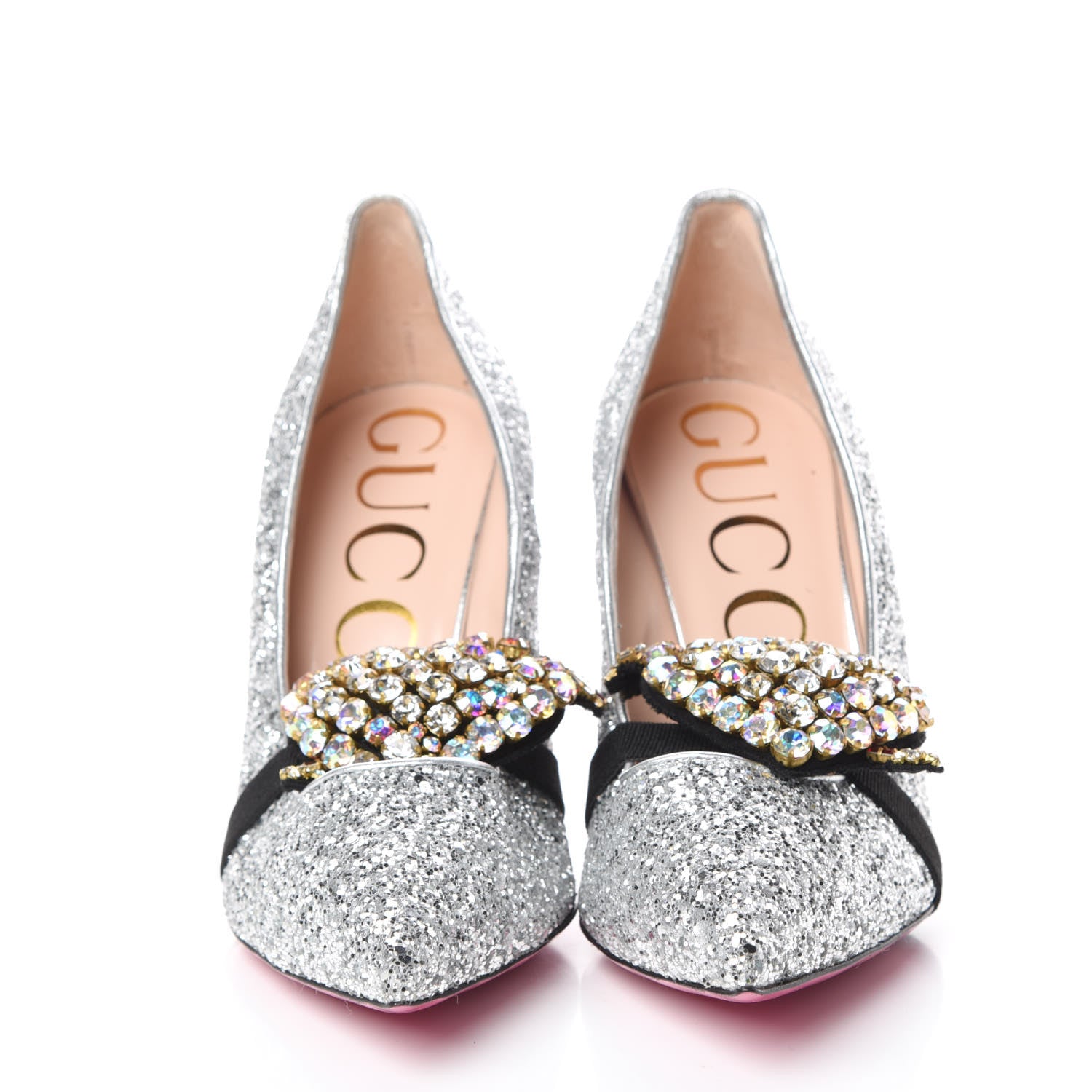 Gucci Nappa Silk Glitter Removable Crystal Heart Pumps 38.5 Argento 2 of 11