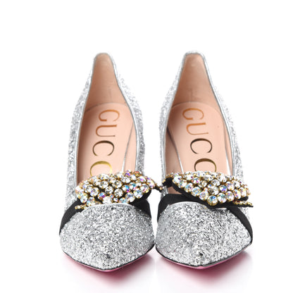Gucci Nappa Silk Glitter Removable Crystal Heart Pumps 38.5 Argento 2 of 11