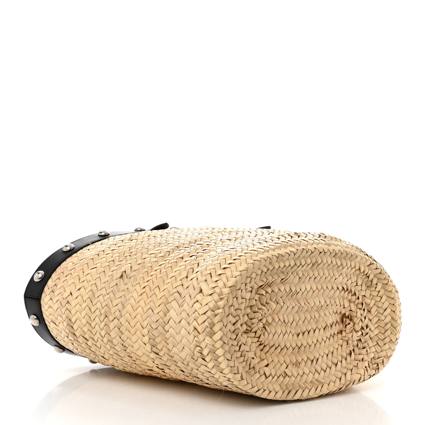 Raffia Calfskin Studs Basket Shoulder Bag Tote Black