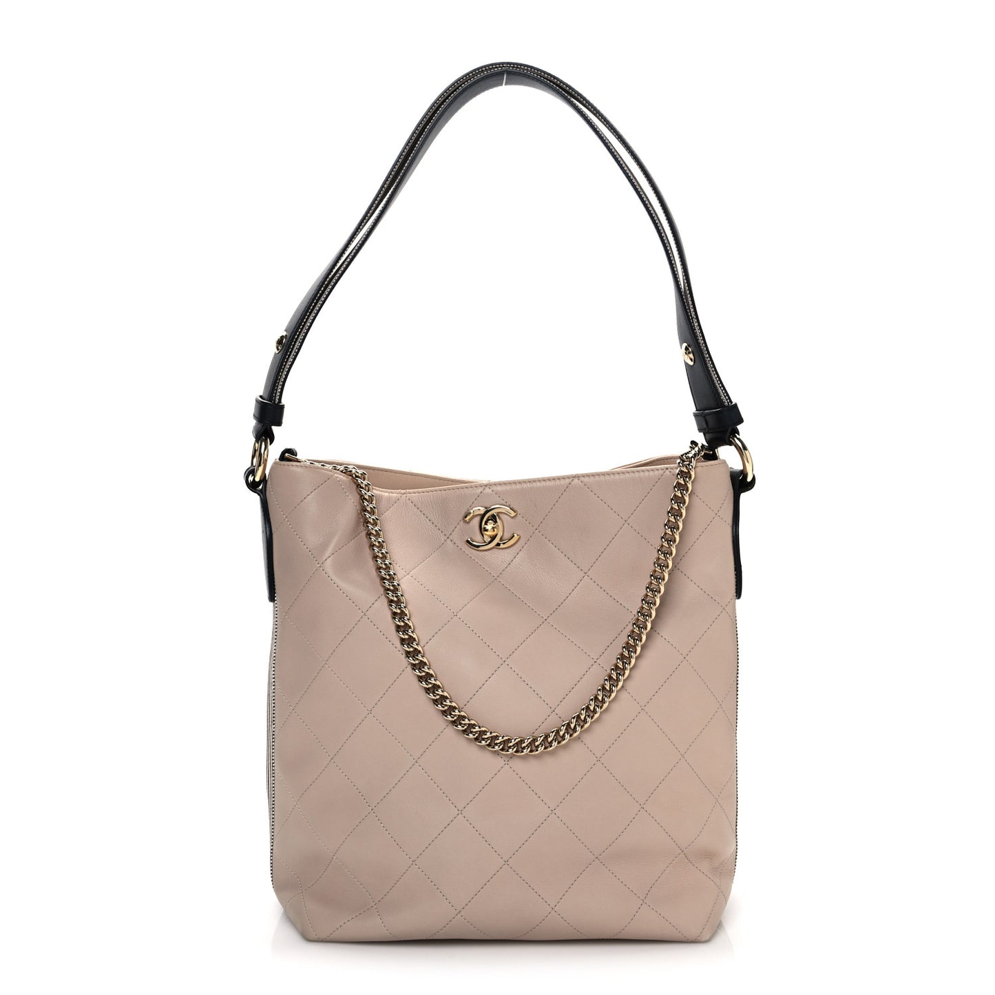 Calfskin Stitched Large Stripe Hobo Beige Black