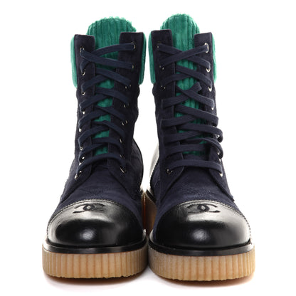 Chanel Suede Calfskin Velvet Quilted CC Combat Boots 39.5 Navy Green Black 2 of 8