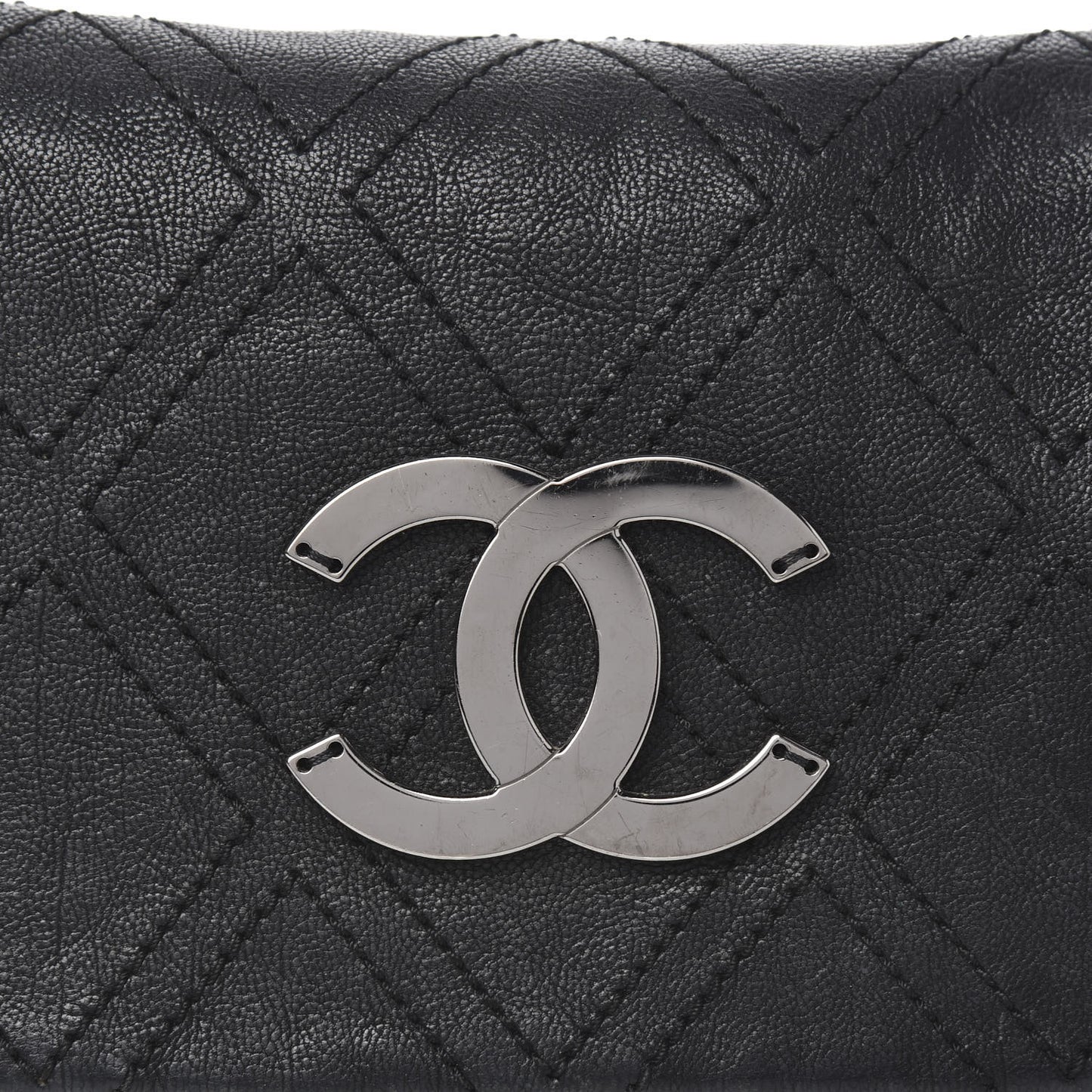 Calfskin Diamond Stitch Accordion Flap Black