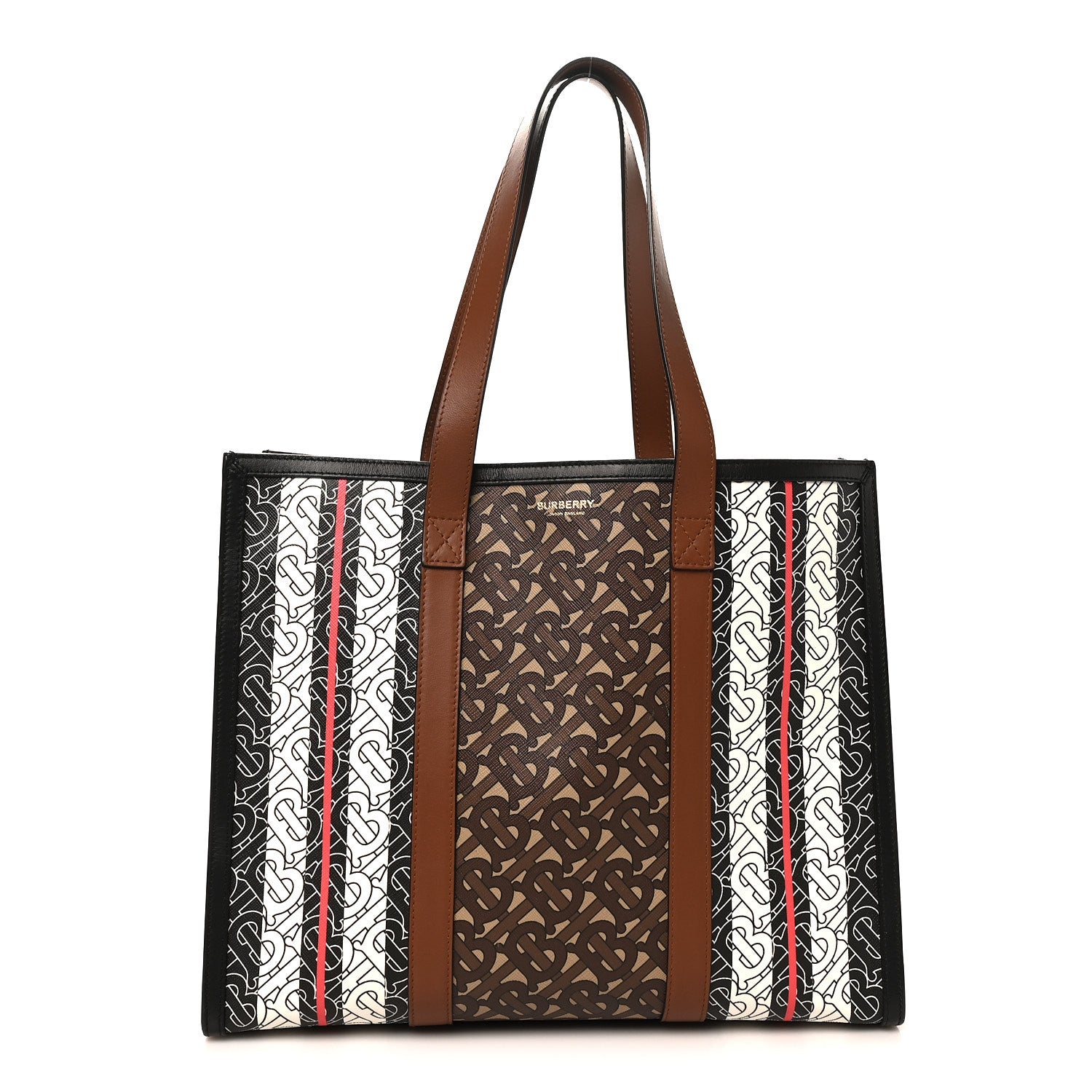 Burberry E-Canvas Monogram Stripe Book Tote Black Bridle Brown 1 of 9