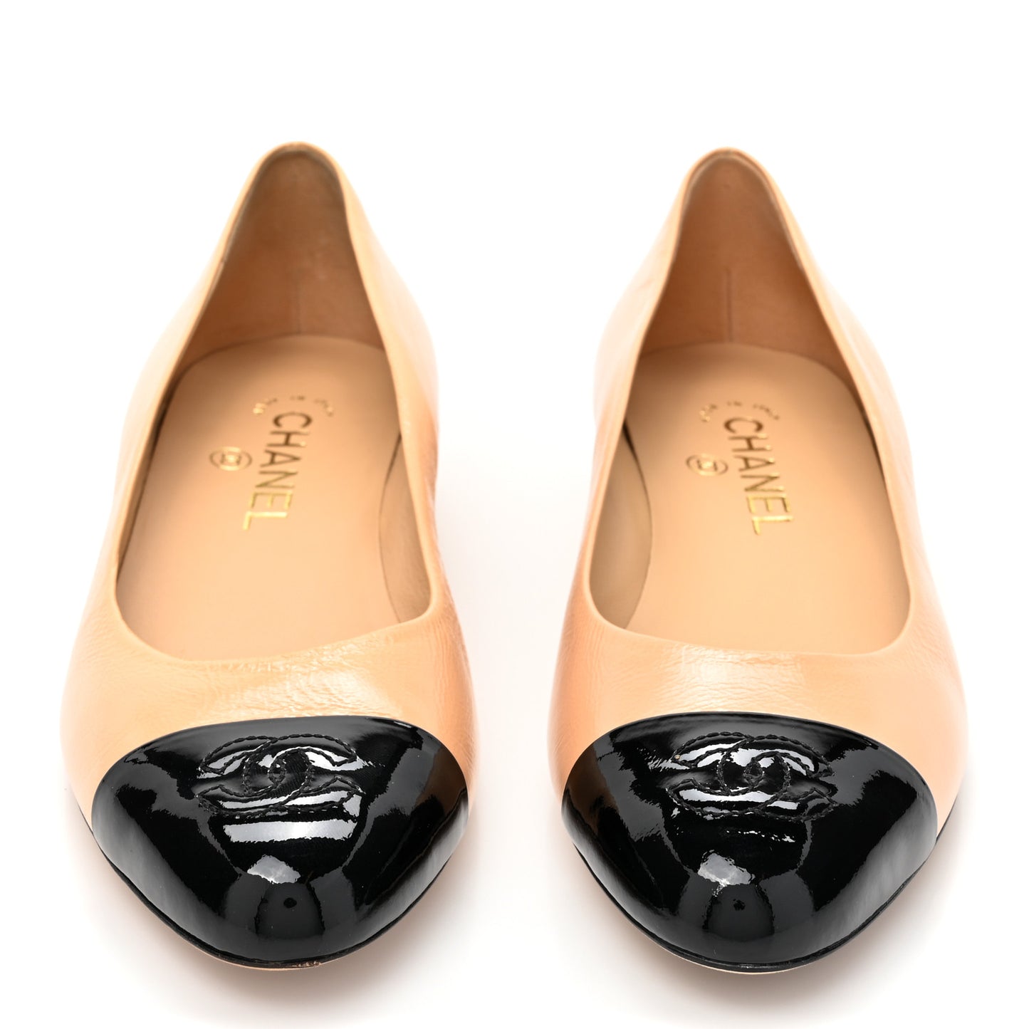 Lambskin Patent Cap Toe CC Ballerina Flats 37.5 Beige Black