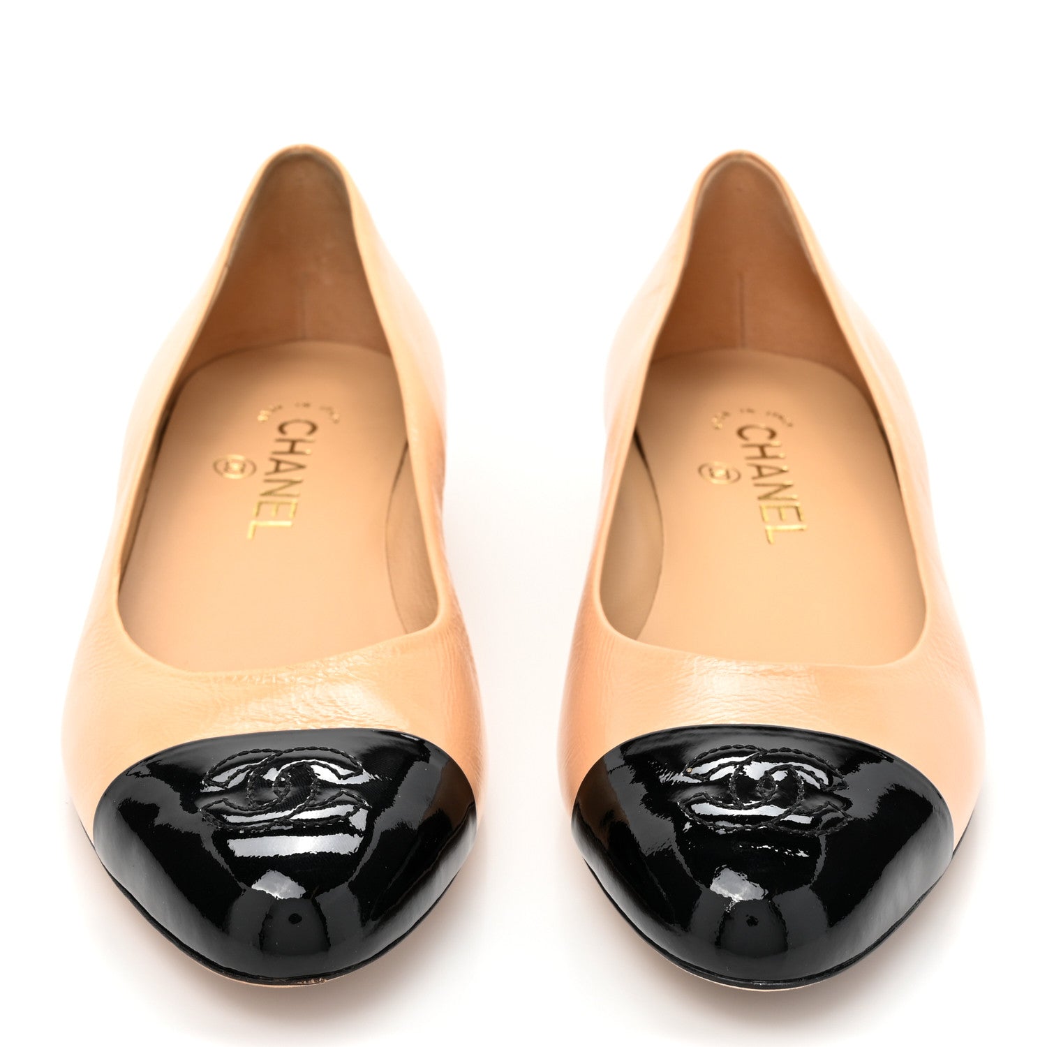 Chanel Lambskin Patent Cap Toe CC Ballerina Flats 37.5 Beige Black 2 of 11
