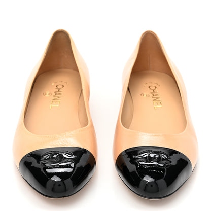 Chanel Lambskin Patent Cap Toe CC Ballerina Flats 37.5 Beige Black 2 of 11