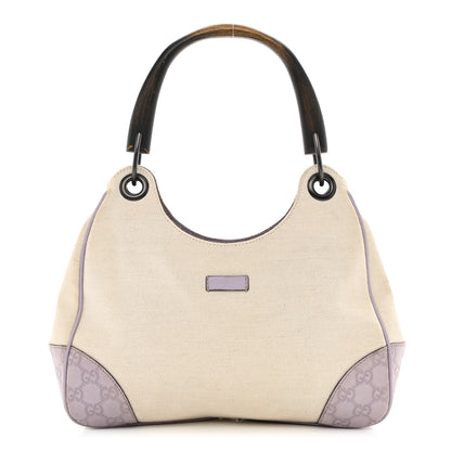 Gucci Canvas Guccissima Wooden Handle Shoulder Bag Beige Purple 1 of 11