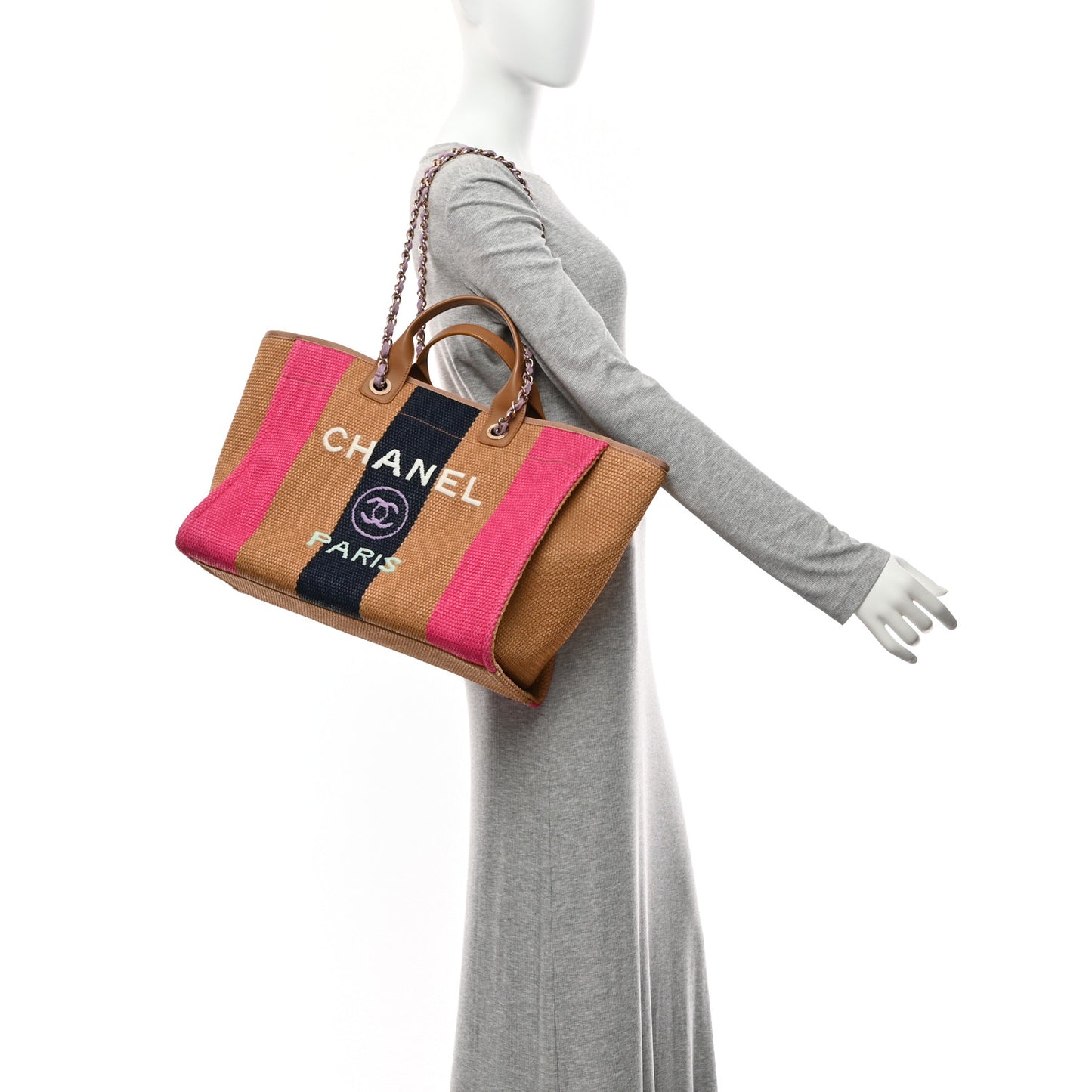 Straw Raffia Calfskin Striped Medium Deauville Tote Dark Beige Fuchsia Navy Blue