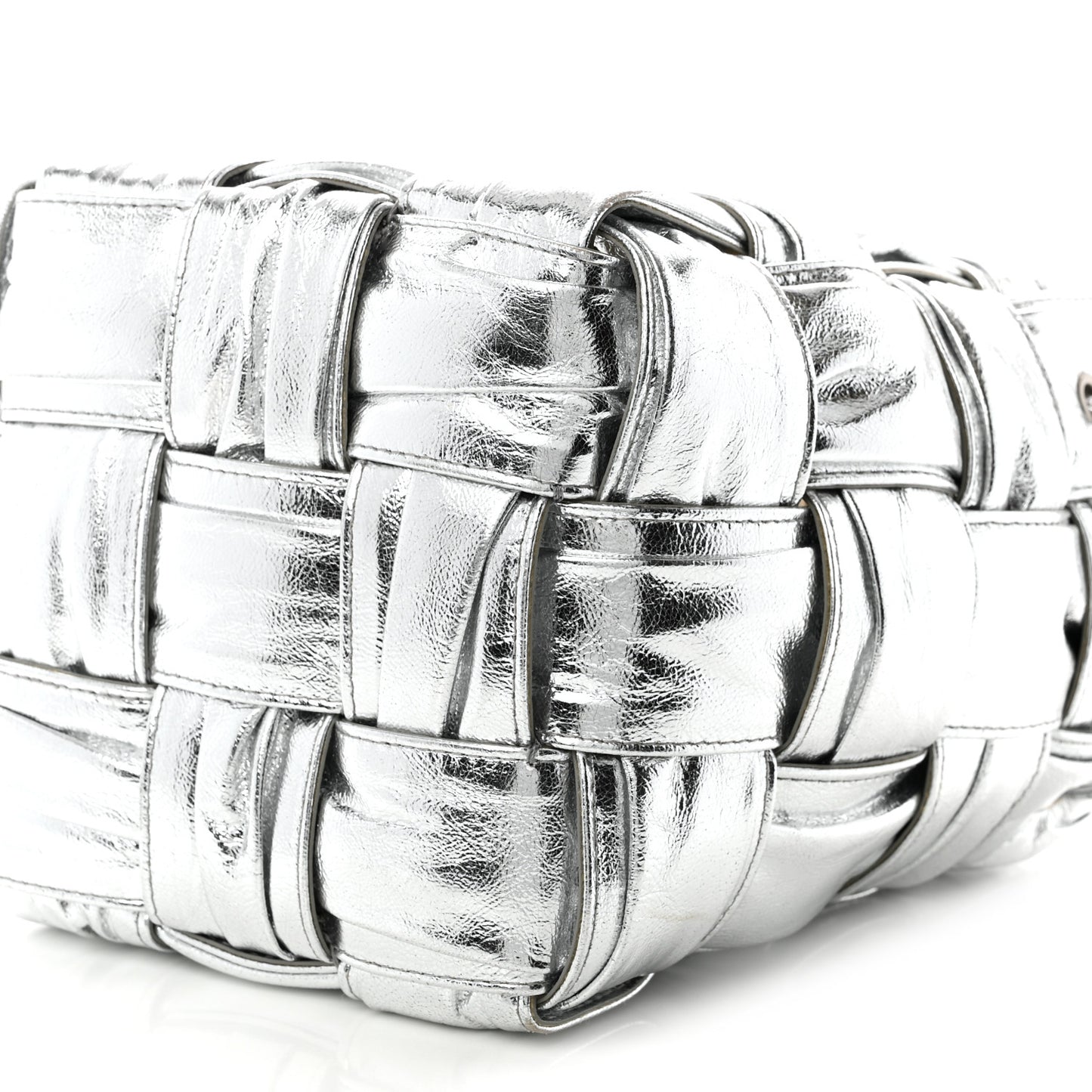 Metallic Calfskin Intrecciato Foulard Bucket Bag Silver