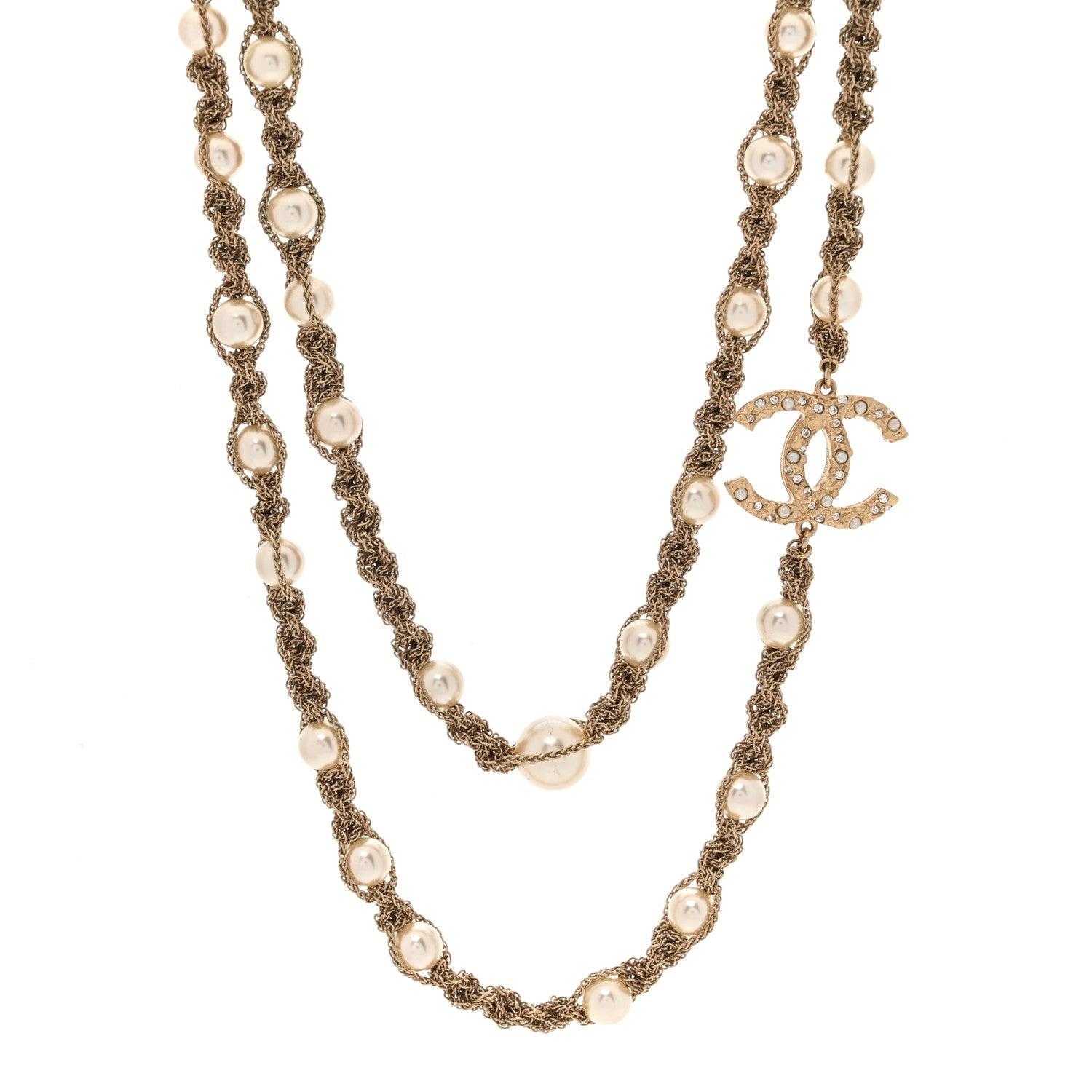 Chanel Pearl Multi Chain Braided Crystal CC Long Necklace  Gold 1 of 6