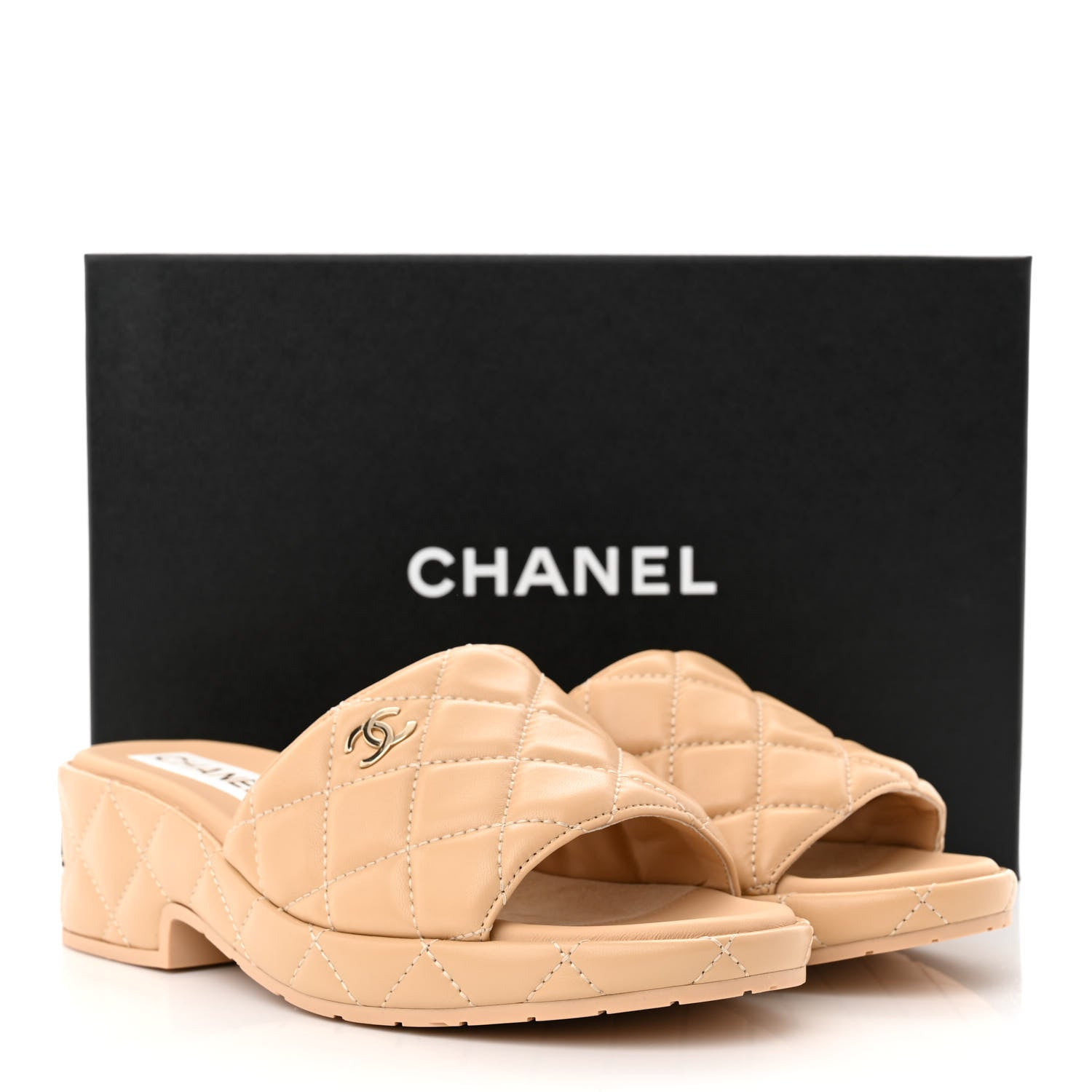 Chanel Lambskin Quilted CC Mules Wedge Sandals 38 Beige 11 of 11
