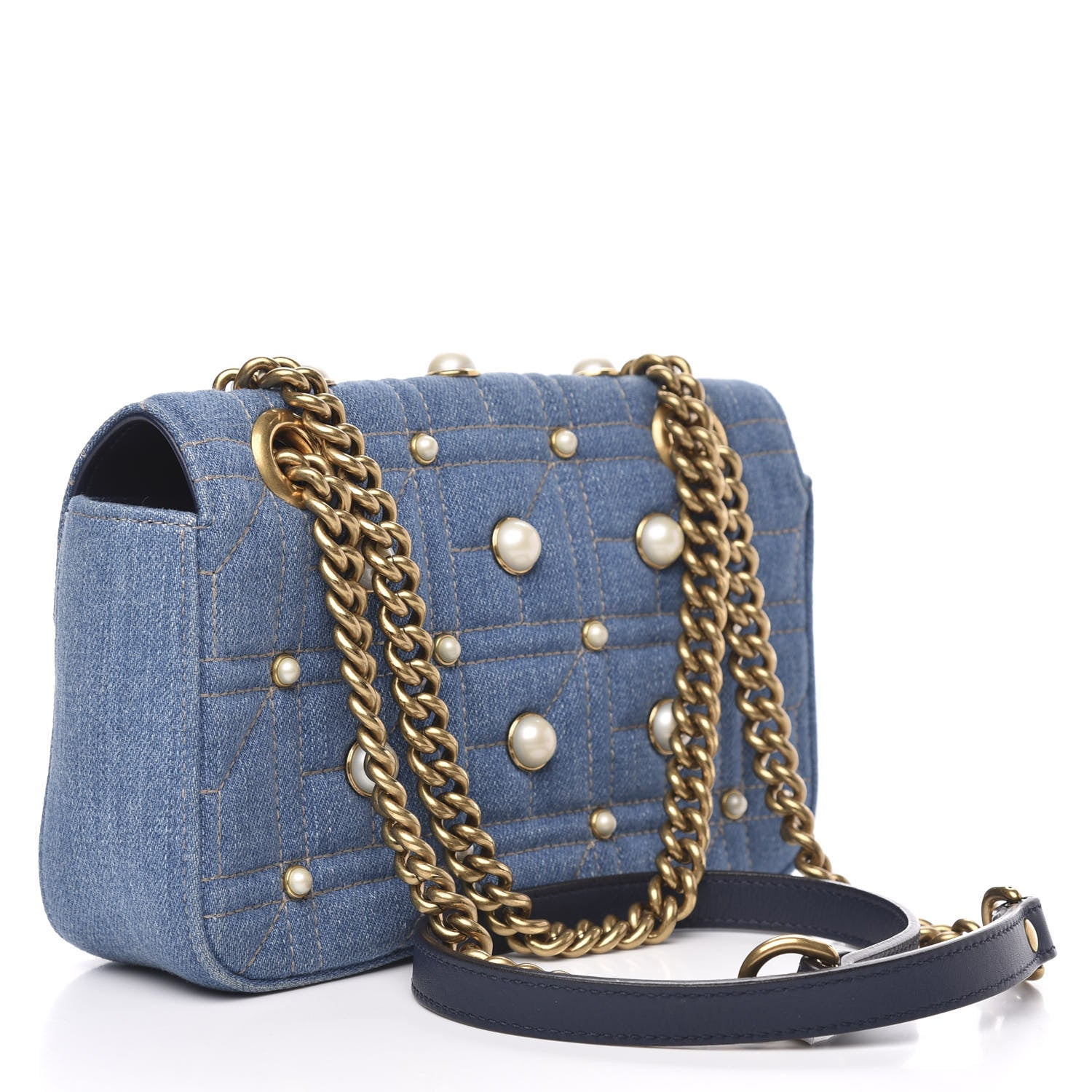 Gucci Denim Matelasse Pearl Studded Mini GG Marmont Shoulder Bag Blue 3 of 11