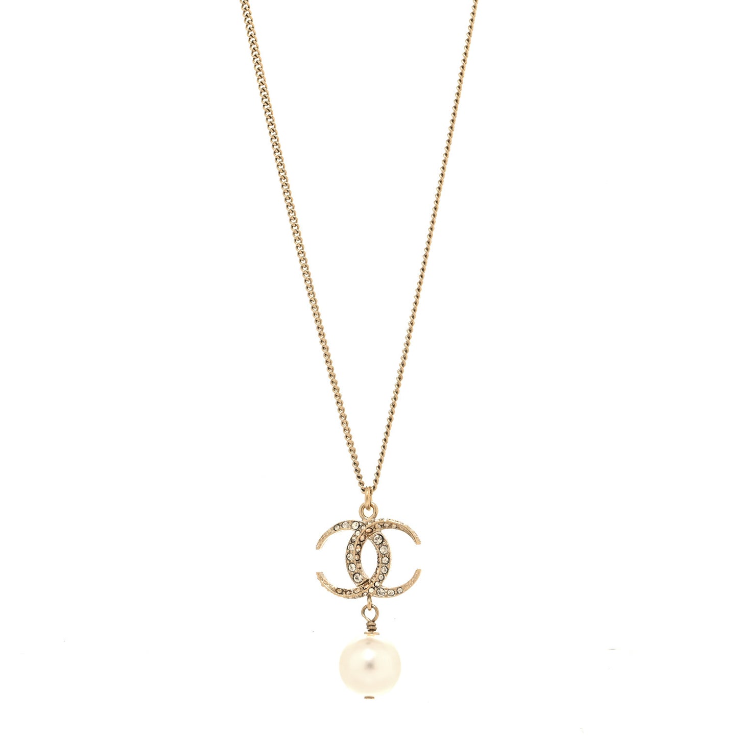 Pearl Crystal CC Drop Necklace Gold