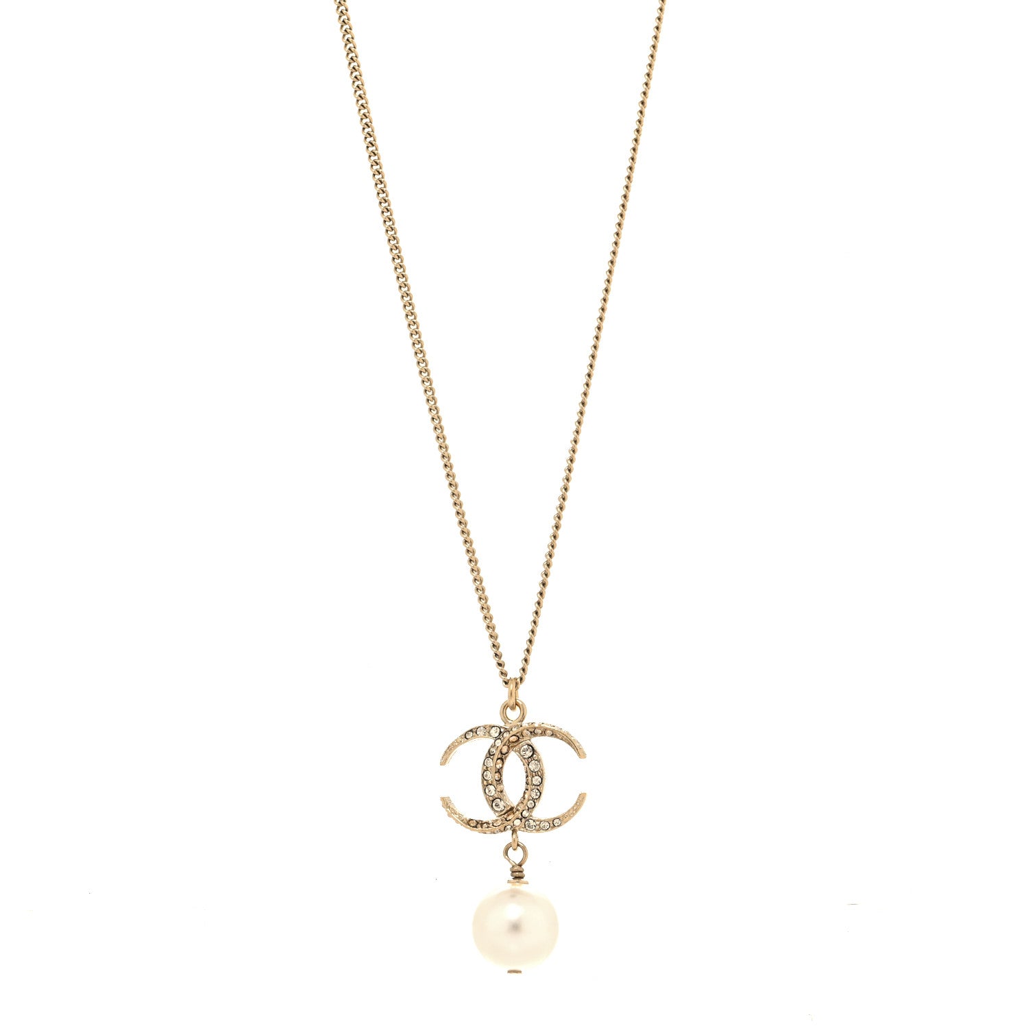 Chanel Pearl Crystal CC Drop Necklace Gold 1 of 4