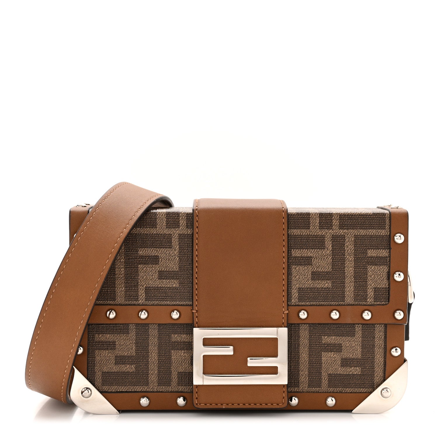 Fendi Shiny Glazed Fabric Vachetta FF 1974 Mini Baguette Trunk Mogano Panna Cuoio 1 of 10