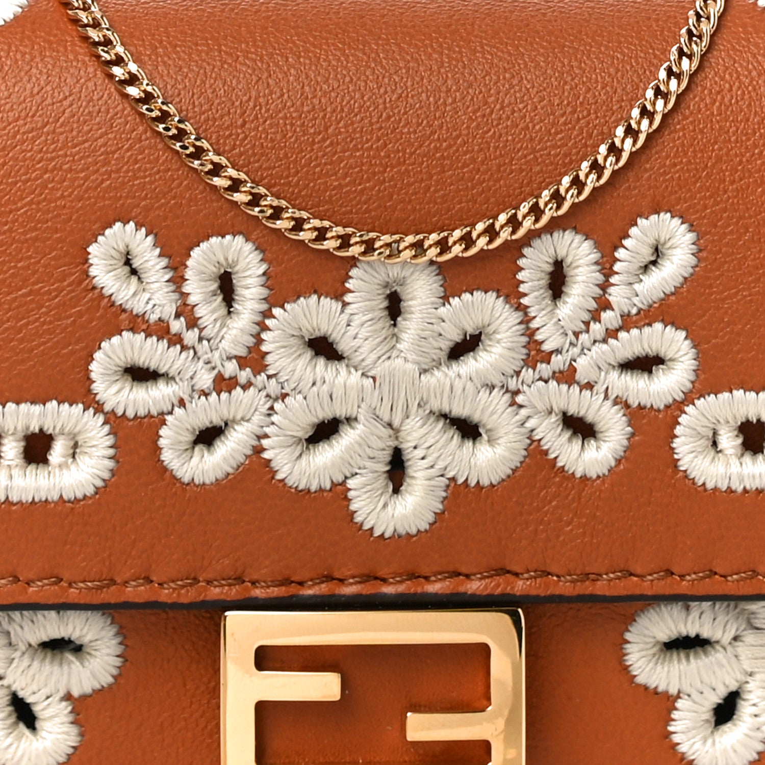 Fendi Shiny Nappa Vitello King Floral Ajour Embroidered Nano Baguette Charm Brandy 7 of 10