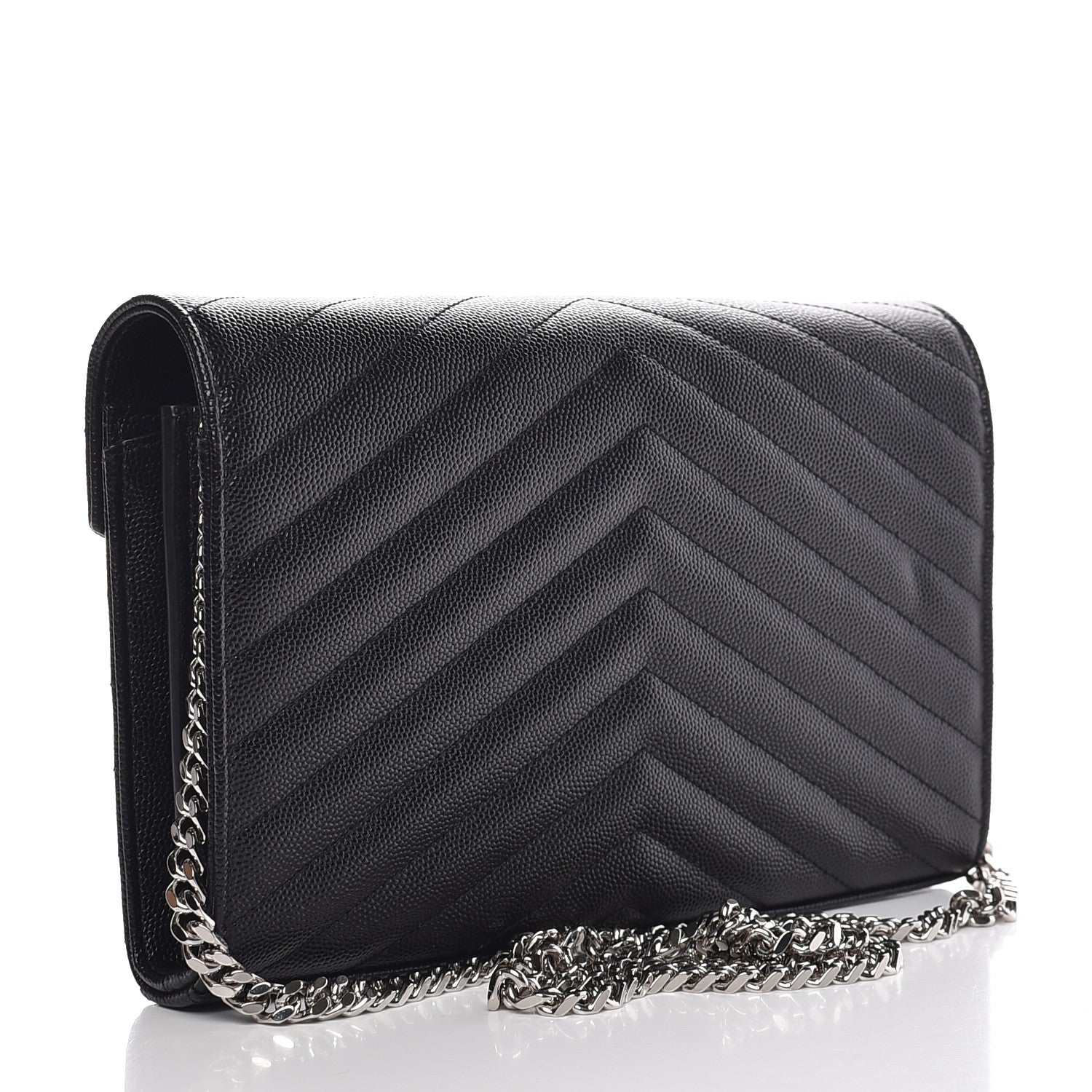 Saint Laurent Grain De Poudre Matelasse Chevron Medium Monogram Chain Wallet Black 3 of 8