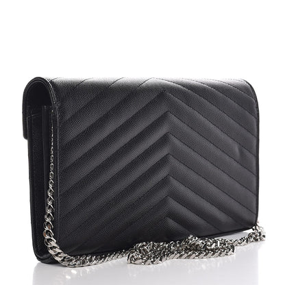 Saint Laurent Grain De Poudre Matelasse Chevron Medium Monogram Chain Wallet Black 3 of 8