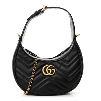 Gucci Calfskin Matelasse Chevron Mini GG Marmont Half Moon Hobo Black 1 of 9