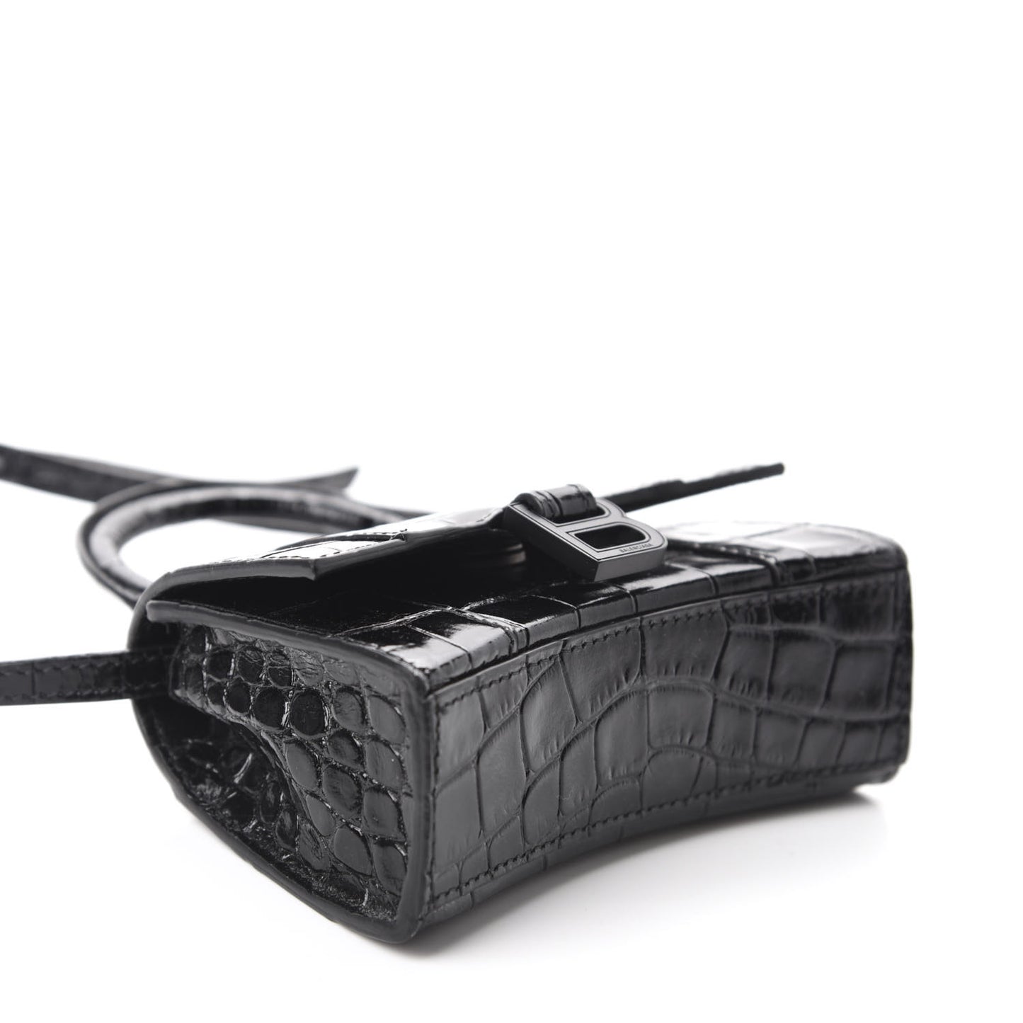 Shiny Calfskin Monochrome Crocodile Embossed Hourglass Top Handle Bag Mini Black