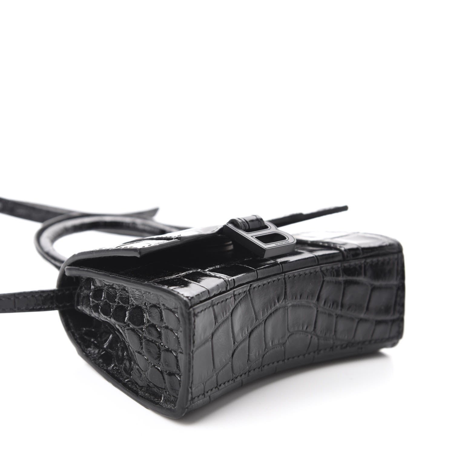 Balenciaga Shiny Calfskin Monochrome Crocodile Embossed Hourglass Top Handle Bag Mini Black 4 of 10