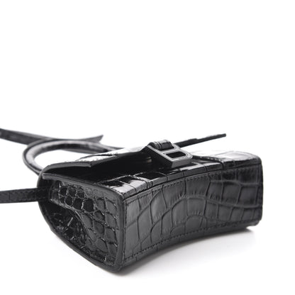 Balenciaga Shiny Calfskin Monochrome Crocodile Embossed Hourglass Top Handle Bag Mini Black 4 of 10