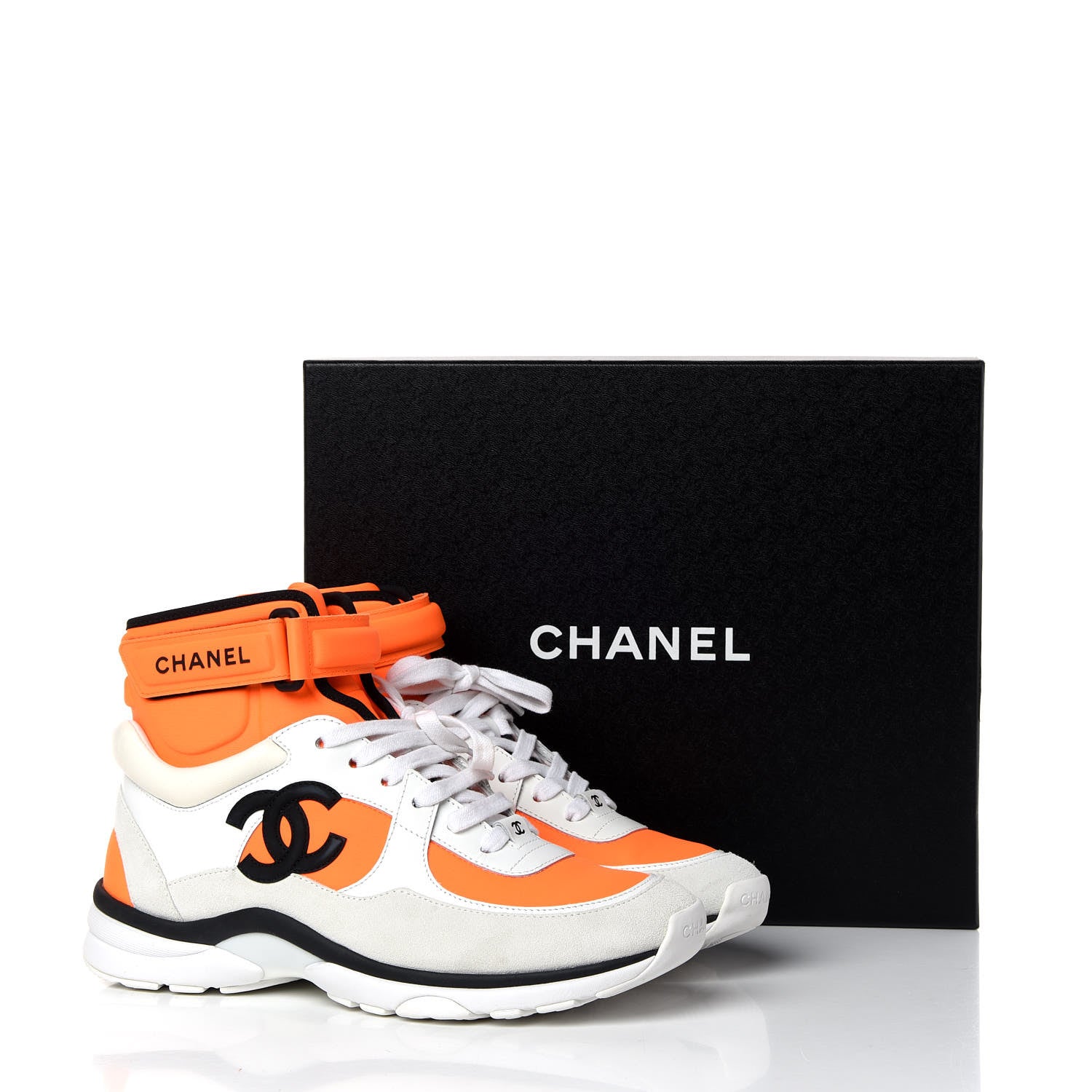 Chanel Suede Calfskin Lambskin Neoprene High Top CC Sneakers 38 White Fluo Orange 8 of 8