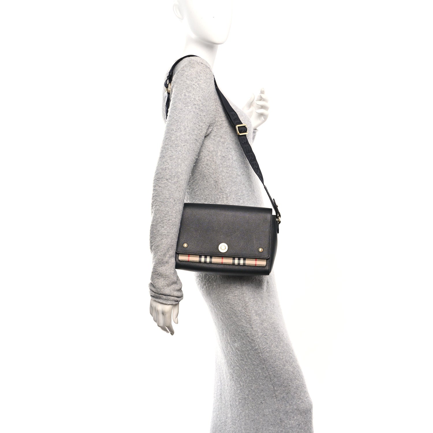 Burberry Coated Canvas Calfskin Vintage Check Medium Note Crossbody Bag Black 2 of 11