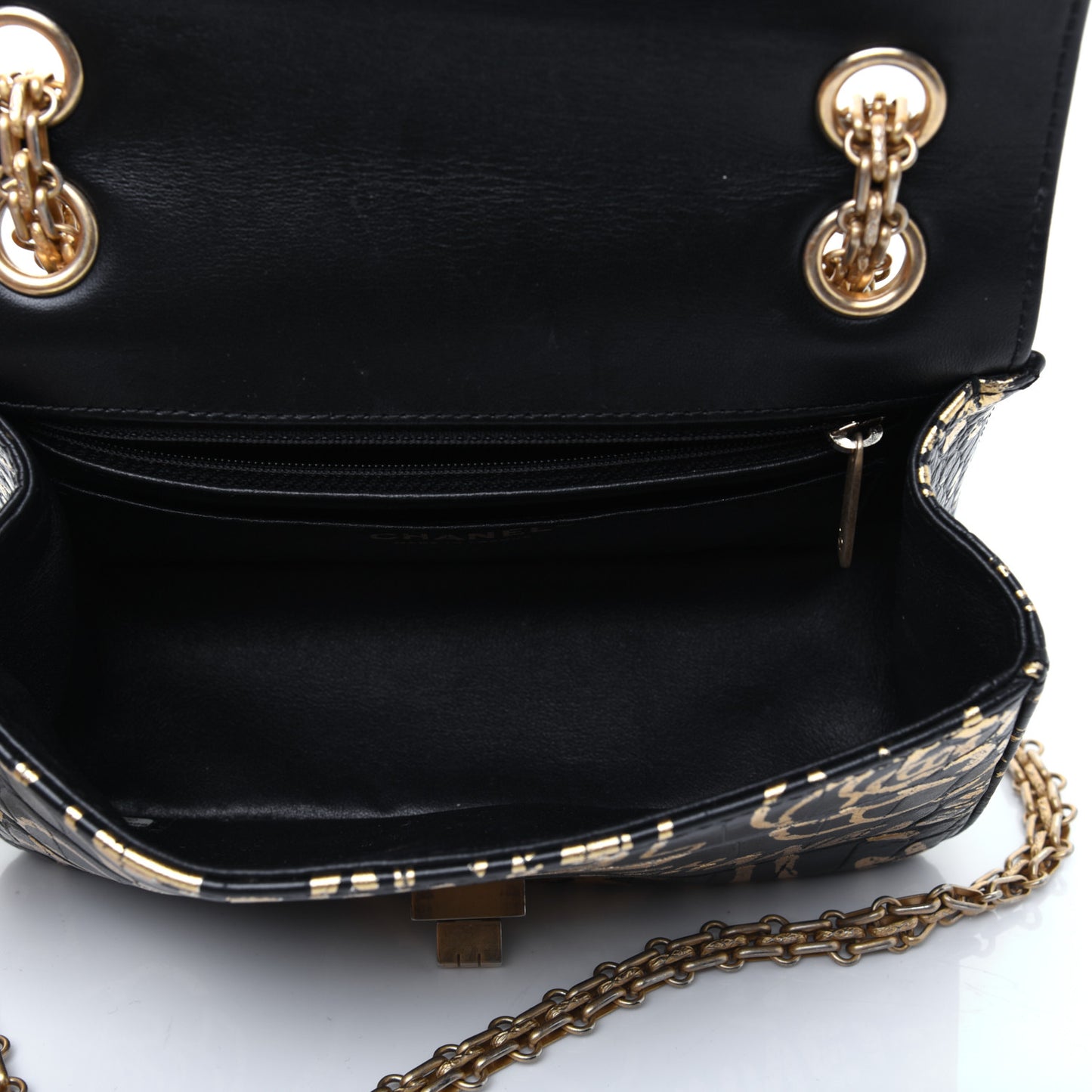 Calfskin Crocodile Embossed Graffiti 2.55 Mini Cocodile Reissue Flap Black Gold