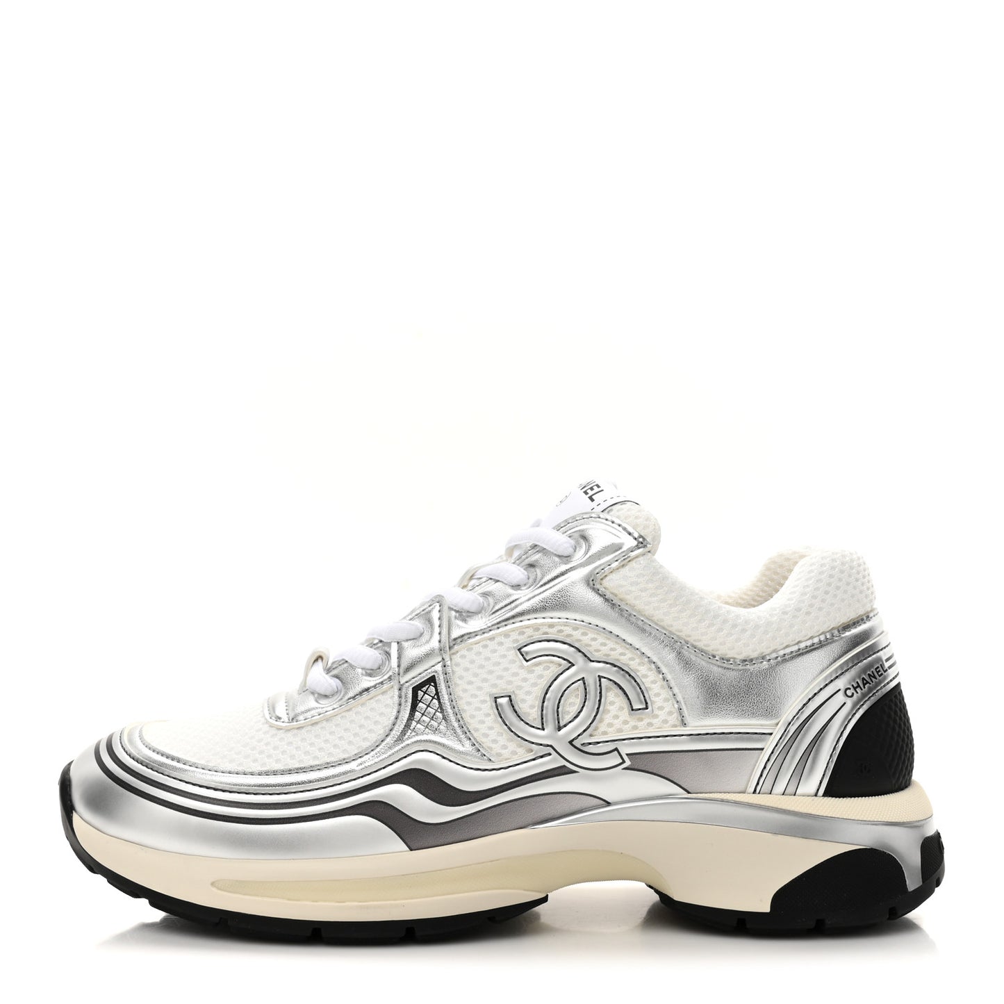 Fabric Laminated Calfskin Stretch CC Womens Sneakers 40 White Silver