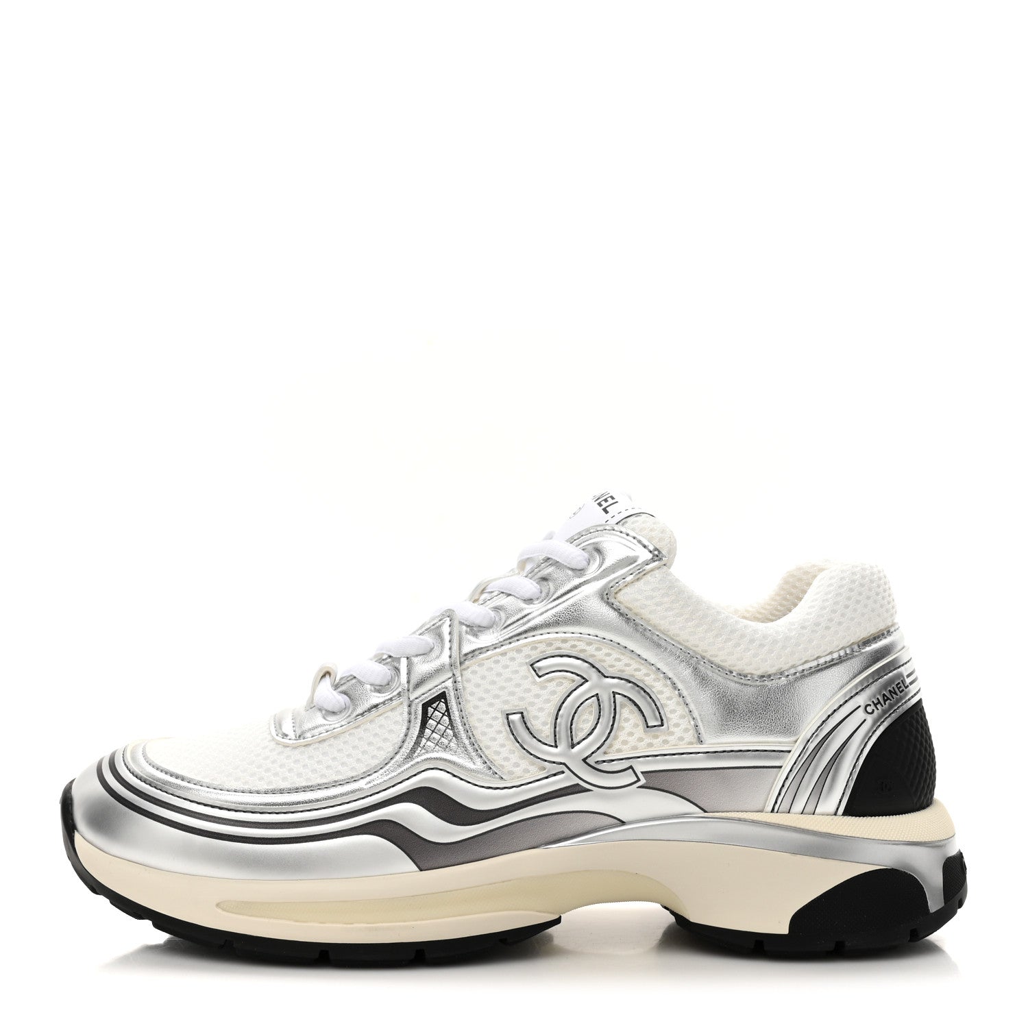 Chanel Fabric Laminated Calfskin Stretch CC Womens Sneakers 40 White Silver 1 of 10